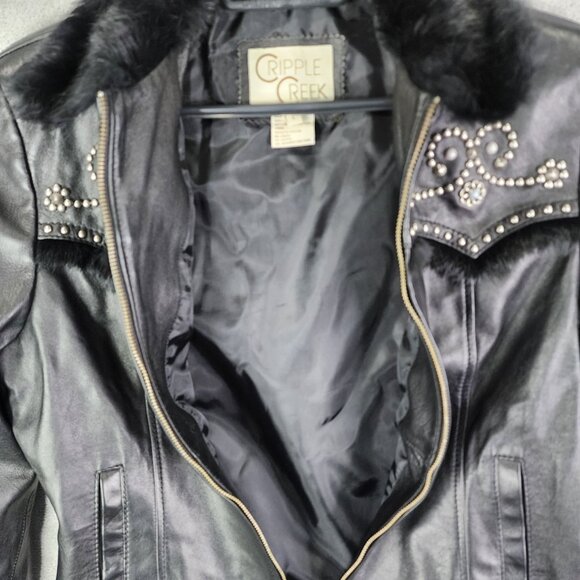 Womens Black Cripple Creek Studded Leather Jacket w/ Faux Fur Full Zip Size L - Picture 9 of 13